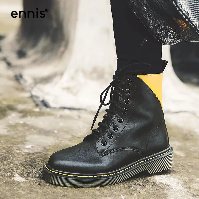 ENNIS/брендовые Черные Ботинки martin; женские ботильоны из натуральной кожи; Винтажные ботинки на шнуровке на платформе; обувь желтого цвета на плоской подошве; сезон осень; A9199
