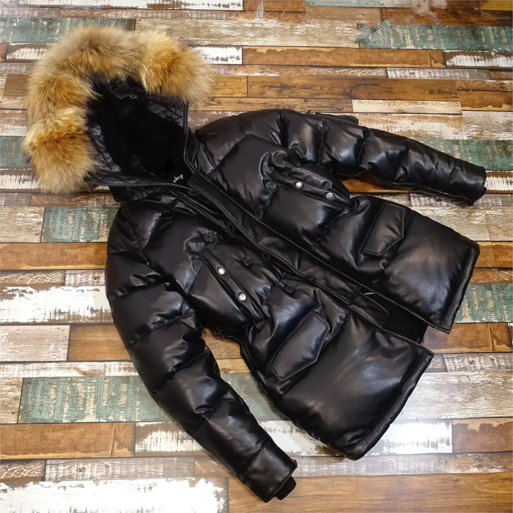 

N3 - B sheepskin down coat collars hooded long leather fur collar coat in winter keep warm duck down coat
