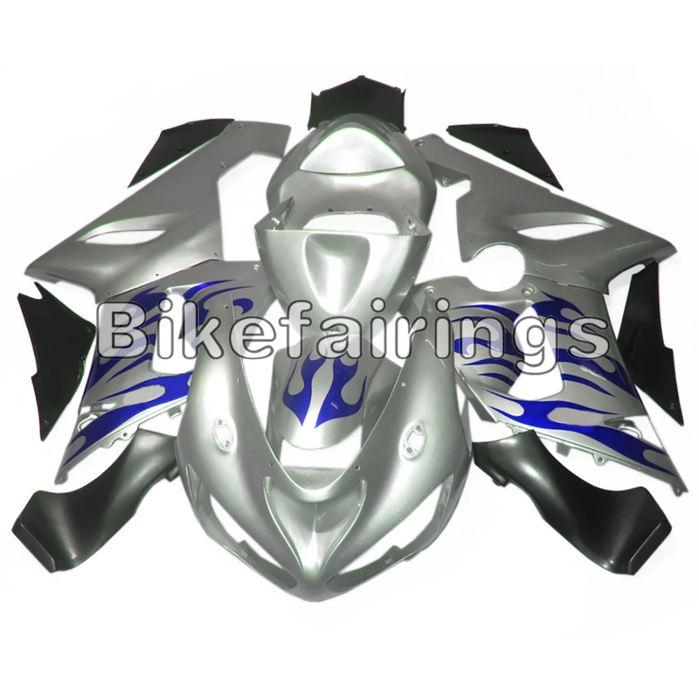 

Complete Injection Silver and Blue Flames Cowling Fairing Kit For Kawasaki 2005 2006 ZX-6R 05 06 636 ZX636R zx6r Cowlings
