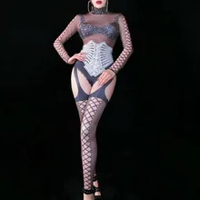 С длинным рукавом Кристаллы стрейч комбинезон сексуальный ночной клуб бар танцевальная одежда боди леггинсы праздновать наряд представление Одежда DJ