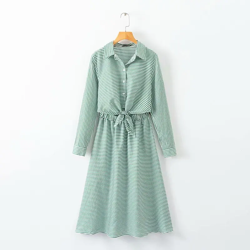 

New arrival XD40-2326 European and American fashion TIE LAPEL stripe dress