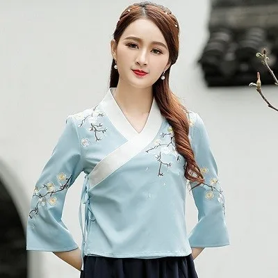 blue Hanfu костюмы рубашка Античная Мода вышивка художественная восстановление чай церемония китайский стиль Одежда Qipao народные женские топы синий - Цвет: blue