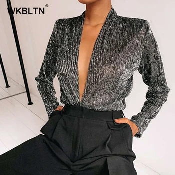 

Sexy Deep V-neck Bodysuits Shiny Silk Long Sleeve Jumpsuit Women 2020 Spring Summer Slim Rompers