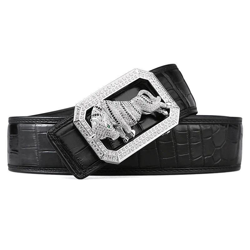 McParko Crocodile Belt Mens Leather Belts With Buckle Luxury Animal Design Genuine Leather Waist Belt with rhinestones Buckle - Цвет: cow black