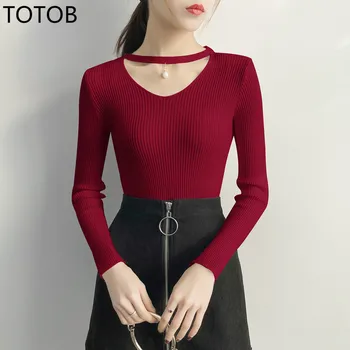 

TOTOB V Neck Sweaters Women 2019 Autumn Winter Long Sleeve Sexy Slim Tops Solid Streetwear Knitted Korean Pullover Burgundy