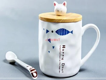 

Ceramic Cup Japanese Zakka Creative Cat and Fish Cartoon Cup with Cover Spoon Breakfast Milk Cup Mug