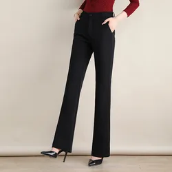 Calças femininas primavera perna larga cintura alta preto calças compridas calças casuais fc10701