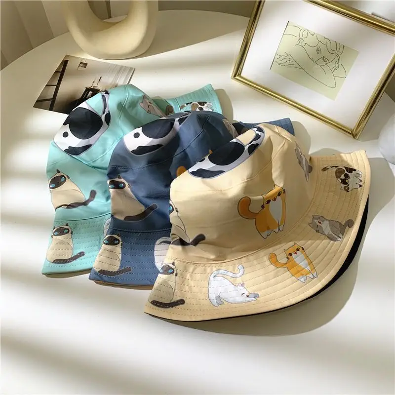 

[Meltryllis] Unisex Loveliness Cat Printing Bucket Hat Fishing Summer Outdoor Cap For Fisherman Hat Men Women Cotton Sun Caps