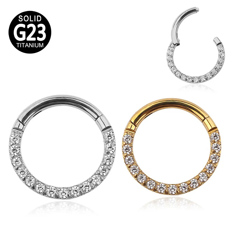 Серьги гвоздики из титана G23 кольцо с раскрывающимся сегментом и фианитом для