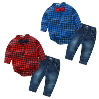 

2Pcs Newborn Baby Boys Party Clothes Gentleman Plaid Bow Bodysuit Tops+Jeans Pants Outfits Set Autumn Little Boy Wedding Costume