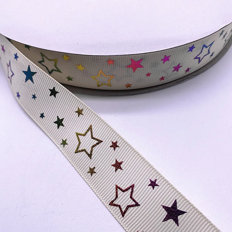 25mm Grosgrain Satin Ribbons 3yards Five-pointed Star Hot Stamping For Wedding Christmas Party Decorations DIY Bow Craft