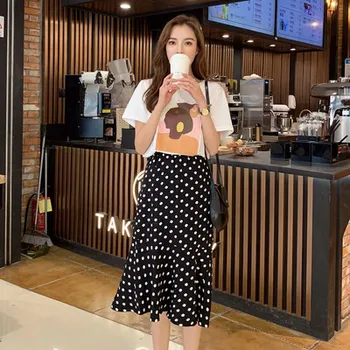 

2020 Summer Two Piece Set Cartoon Character Print Tops High Waist Polka Dot Trumpet Skirts Women Fashion 2 Piece Sets Women