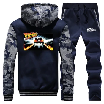 

Car Print Men's Thick Hoodies Camo Outerwear+Pants 2Pcs Sets Winter Warm Brand Jacket BACK TO THE FUTURE Coat