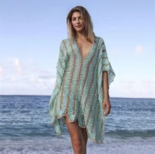 

2020 Beach Cover Up Crochet Knitted Beachwear Striped Tunic Long Pareos Summer Swimsuit Cover Up Sexy Beach Dress Saida De Praia