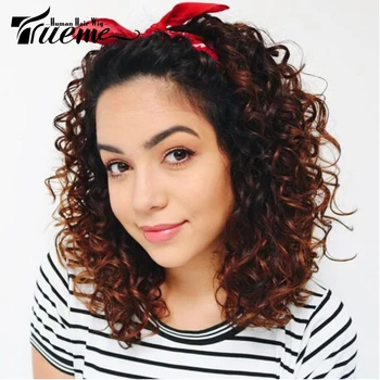 

Trueme 14 Inch Loose Curly Wave Part Front Lace Wig Brazilian Short Human Hair Lace Front Wigs Brown Red
