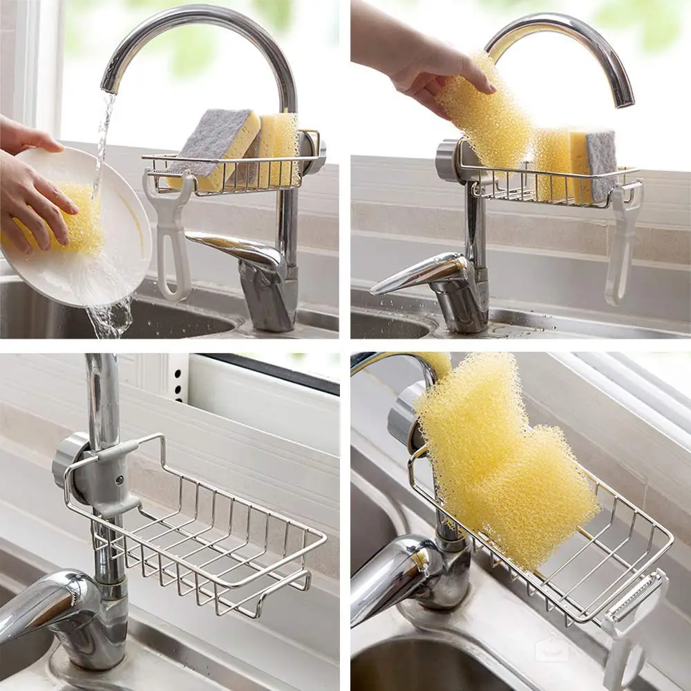 Stainless Steel Faucet Storage Racks Adjustable Sink Rag Sponge Draining Rack Kitchen Bathroom Soap Storage Holders Shelves