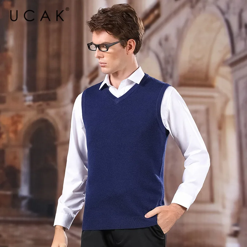 Seller UCAK Brand Sweater Vest 2020 New Arrival Solid V-Neck Casual Spring Autumn Pull Homme Streetwear Wool Warm Sweater Clothes U1043