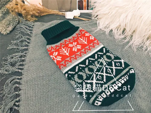 Christmas green Сумка на заказ, свитер для кошек, кошек, собак, розовая Снежинка, винтажный эластичный свитер с высоким горлом, одежда для домашних животных на осень и зиму - Цвет: Christmas green