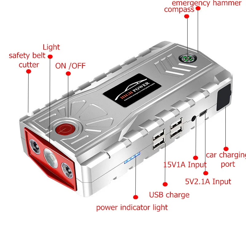 12V 19000 мАч автомобильное пусковое устройство, усилитель сигнала 4 USB 600A Портативный Мощность банк Батарея Зарядное устройство Многофункциональный Аварийный автомобильный Jump Starter