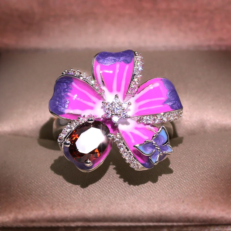 High quality Purple Flower Butterfly Delicate Ring Party Chic Jewelry Handmade Enamel For Women