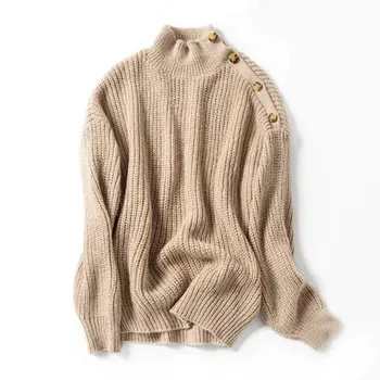 

Autumn Winter 2019 Women Knitted Sweater Shoulder Buckle Loose simple ladies long sleeve Pullover top female knitwear clothes