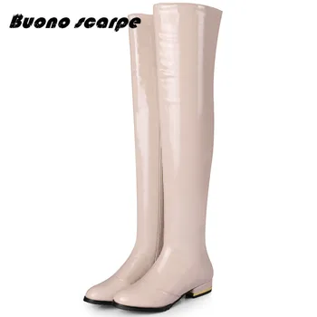

2020 New Autumn Winter Stretch Patent Leather+ Leather Over Cow Knee Boots Genuine Leather Women Zipper Short Plush Knight Boots