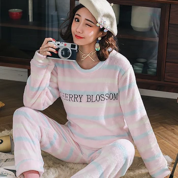 

Pajamas Home Service Suit Autumn and Winter Flannel Long-sleeved Thickening Plus Velvet Coral Fleece Women Robe Sets Sleep Tops