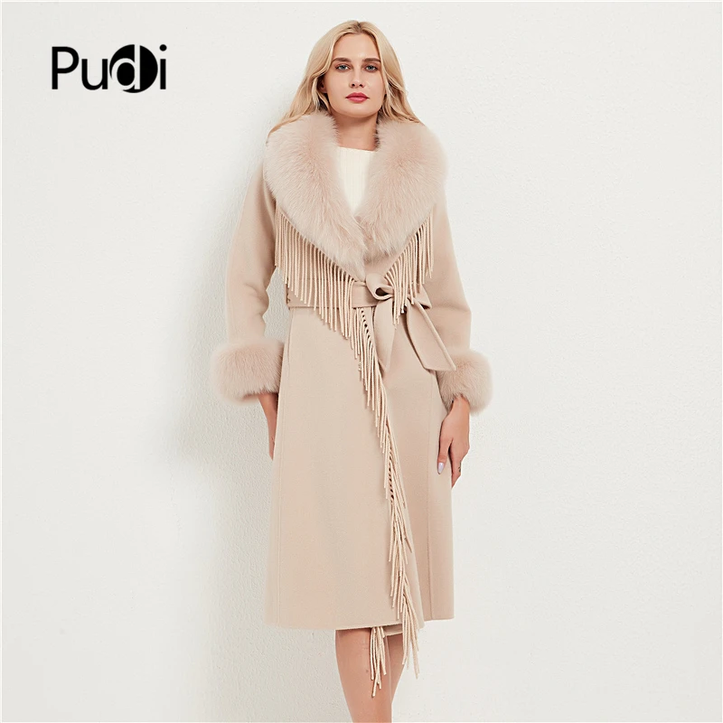 

Pudi Women Real Fur Coat Jacket Female Lady Wool Blends Fox Fur Collar Coats Jackets Long Trench CT034