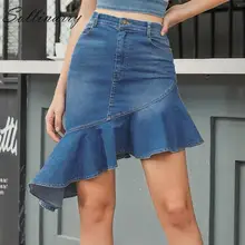 Sollinarry, шикарные узкие джинсовые юбки для женщин, осень, асимметричные женские короткие юбки с рюшами, элегантная зимняя уличная джинсовая юбка