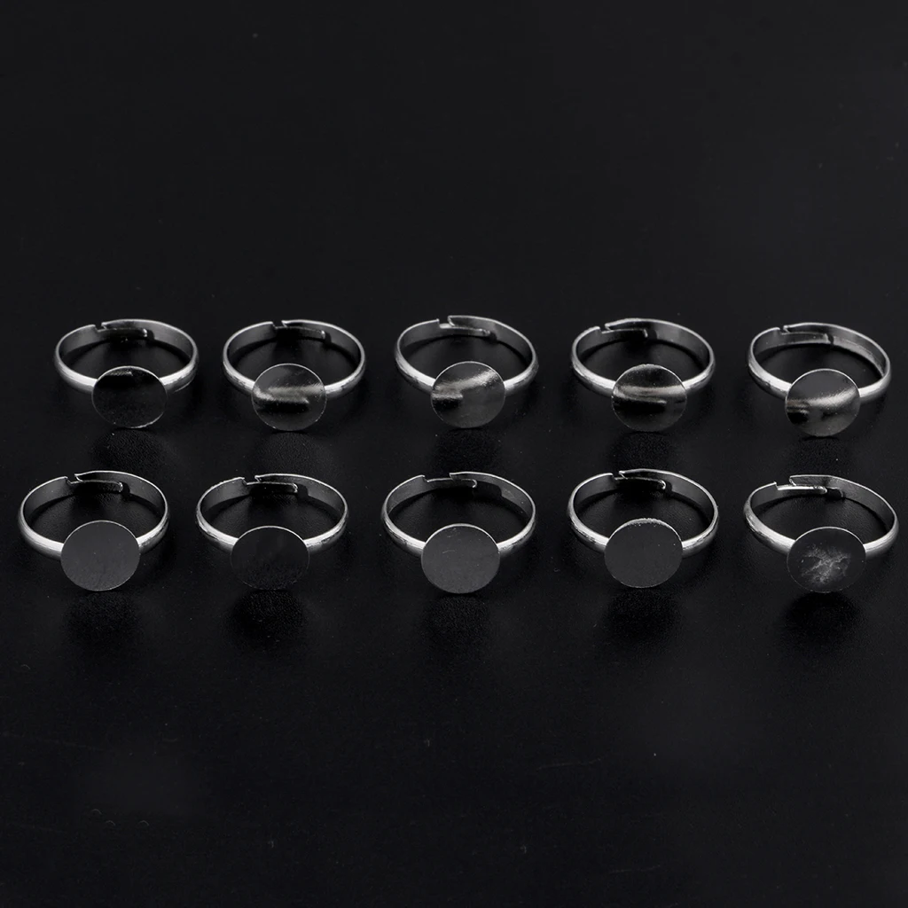 10Pcs 10mm Pad DIY Ring Base Adjustable Ring Blanks Glue On Cabochons Rings
