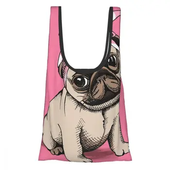 

Puppy Pug In A Headband Eco Shopping Bag Fashion Foldable Reusable Tote Folding Pouch Convenient Storage Bag