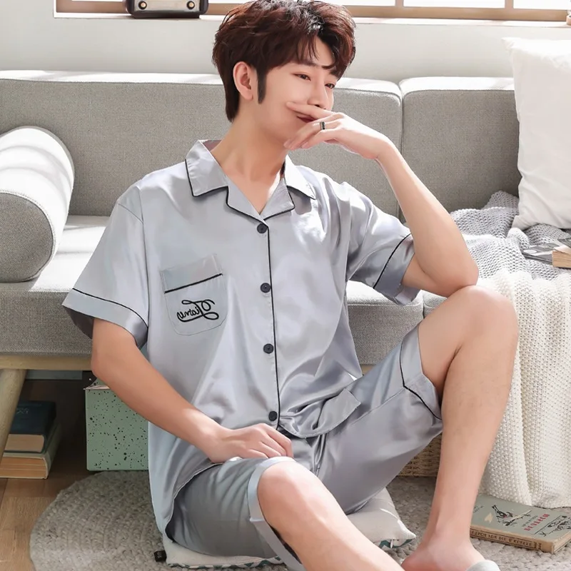 

2020 Pajamas Men Summer Viscose Short Sleeve Shorts Tracksuit Casual Plus-sized Air Conditioner Imitated Silk Fabric Set
