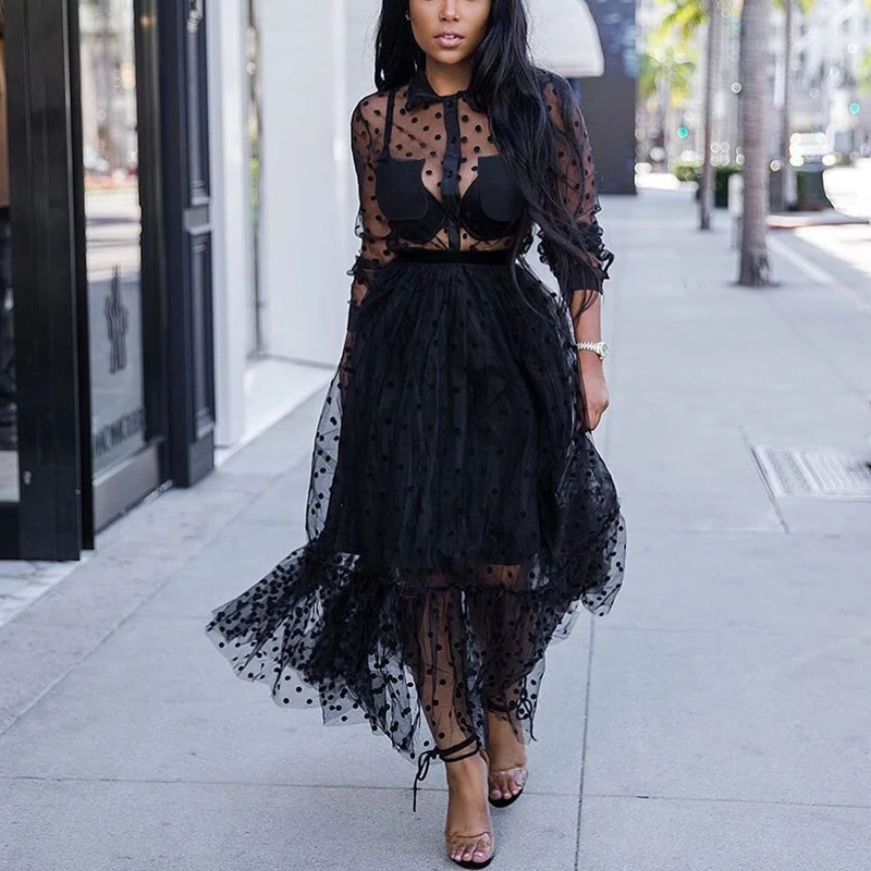 

Women Mesh Polka Dot See Through Maxi Dress Elegant Long Sleeve Black Formal Evening Vestidos Classy England Dresses