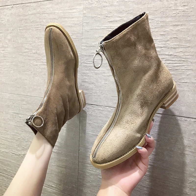 

Female Boots with Zipper In Front Pointed Toe Suede Women Boots Autumn Winter Ankle Boots Women Low Heels Casual Shoes 2019