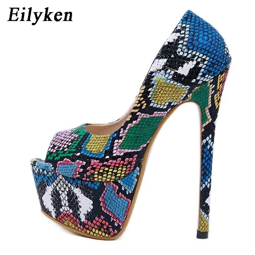 Green EilyKen/Модные Зеленые женские туфли-лодочки под змеиную кожу; свадебные туфли; женские туфли-лодочки с открытым носком на платформе и высоком каблуке 15,5 см - Цвет: Green