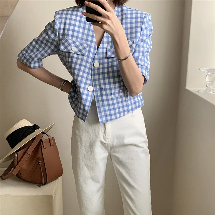 

New 2020 Summer Women Blazers blue Plaid V-Neck Fashionable Casual Loose Jacket Half Sleeve Wild Lady Short Tops w056