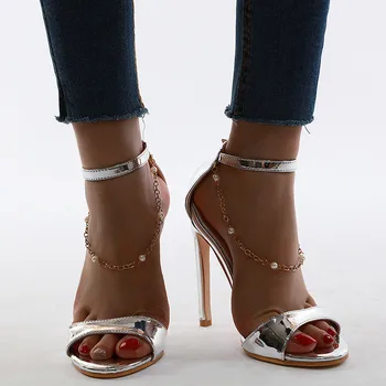 

Sexy Open Toe Dress Pumps Shoes Newest Stiletto Heel Women Sandals Metallic Leather Ankle Straps High Heels Sandals Shoes Woman