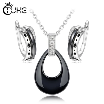 

Women Healthy Pink Black Ceramic Jewelry Sets Wedding Costume Women Party Necklace Bangle Stud Earring Jewelry Gift