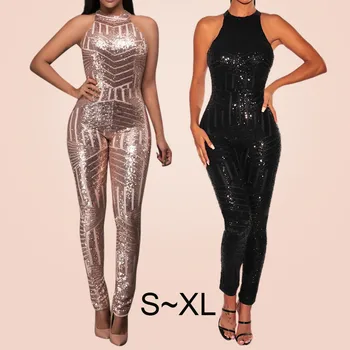 

Women O-Neck Sequin Off Shoulder Sleeveless Rompers Jumpsuit Playsuit Bodycon Female Full Length elastic fitness Bodysuit
