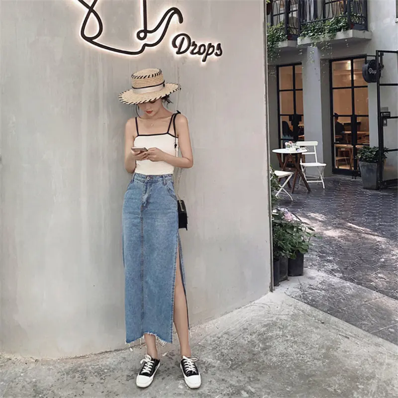 

HziriP 2019 New Summer Stylish Sweet Sexy Simple Female A-Line High Waist Fork Loose Denim Jean Women Split Plus Long Skirts