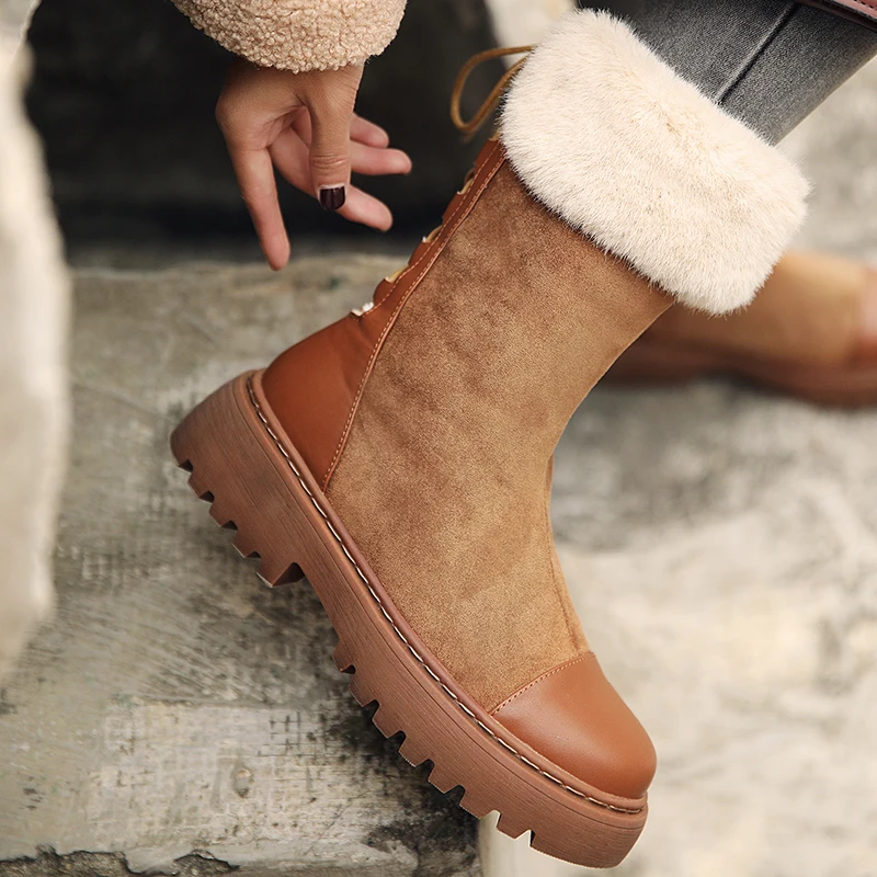 2020Autumn Winter New Female Snow Boots Thick Bottom Real Fur Boots Plush Warm Boots Flat Bottom zipper Shoes Ladies Ankle Boots