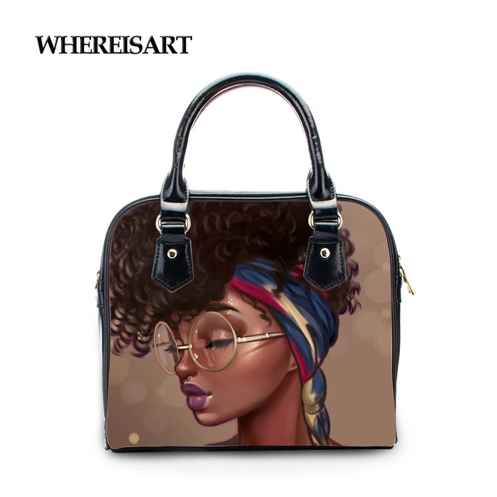 

WHEREISART Shoulder Messenger Bags for Women Black Queen African Girls Design Luxury Handbags Ladies PU Leather Top-Handle Bag