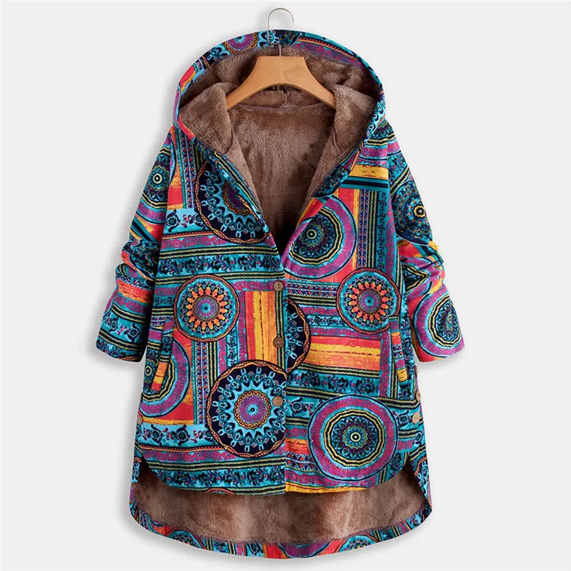 JAYCOSIN Coat Female Women Vintage Ethnic Print Quilted Fleece Hooded Long Sleeve Button Winter Coat chaqueta mujer