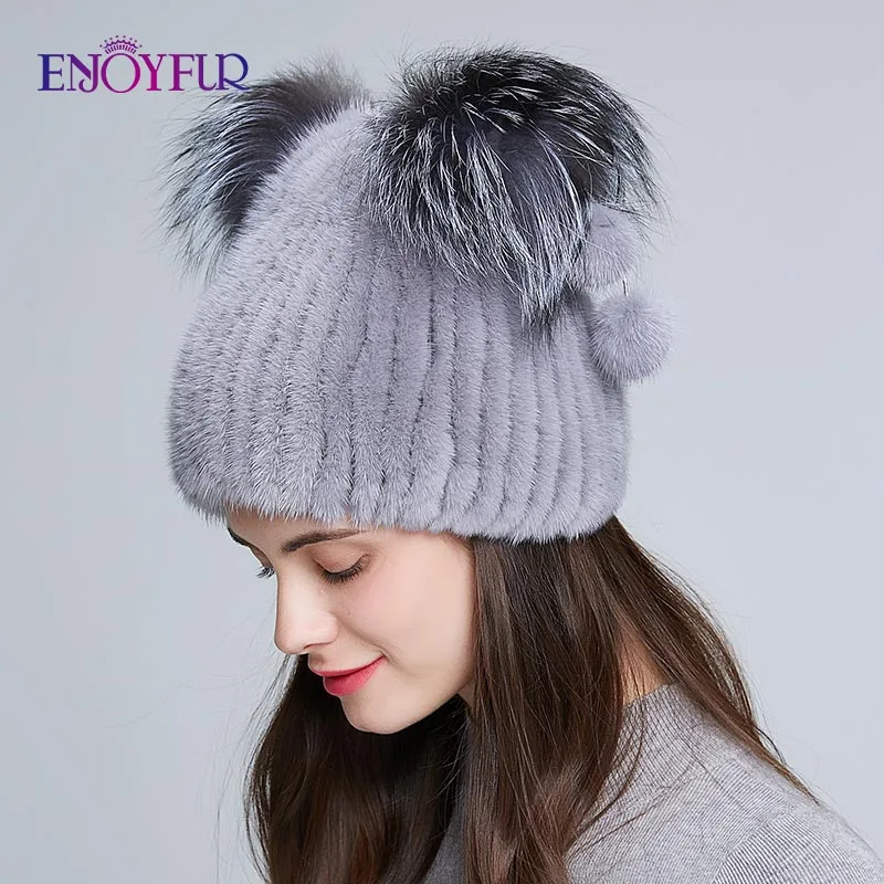 Женская шапка с ушками кошки ENJOYFUR из натурального меха норки помпонами для зимы и