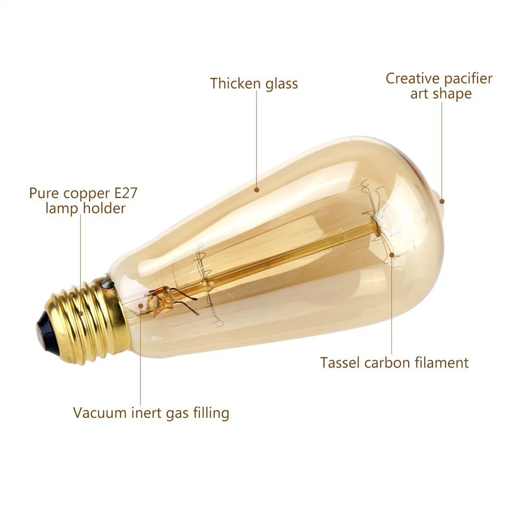 6 шт. 40 Вт светильник Эдисона, старинный светильник, лампа в стиле ретро st64 2200 K, теплый белый E26/E27, цоколь с регулируемой яркостью 380 люменов