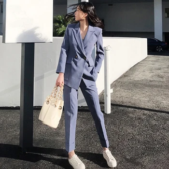 

Fashion Double Breasted Women Pant Suit Notched Blazer Jacket & High Waist Pant Female Blazer Set 2020 Office Wear Women Suits