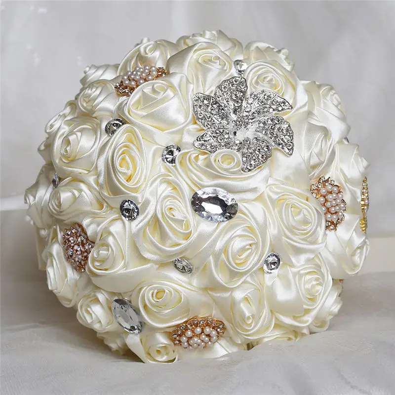 WifeLai-A 20CM Ivory Silk Rose Artificial Flower Bouquet Handmade Bridesmaid Bouquet Rhinestone Holding Flower Buque Noiva W373D