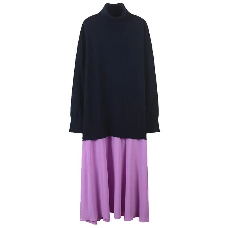 Tunjuefs свободное открытое вязаное платье для женщин Vestido водолазка Шифон Подол лоскутное одеяло длинный рукав пуловеры для подиума зима