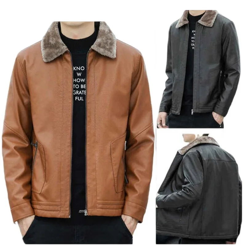 

Winter Leather Jacket Men Warm Velvet Coat Thick Fur Collar PU Leather Outwear Three Colors