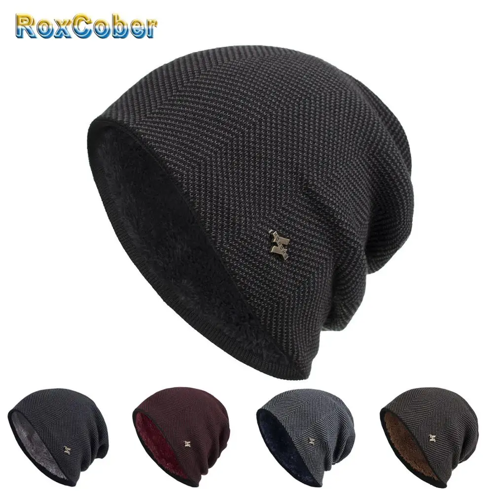 

RoxCober Winter Warm Iron Signage Hat Knitted Hat Plus cashmere Skullies Beanies Hats For Men Women Bonnet Caps Gorros Male Hat